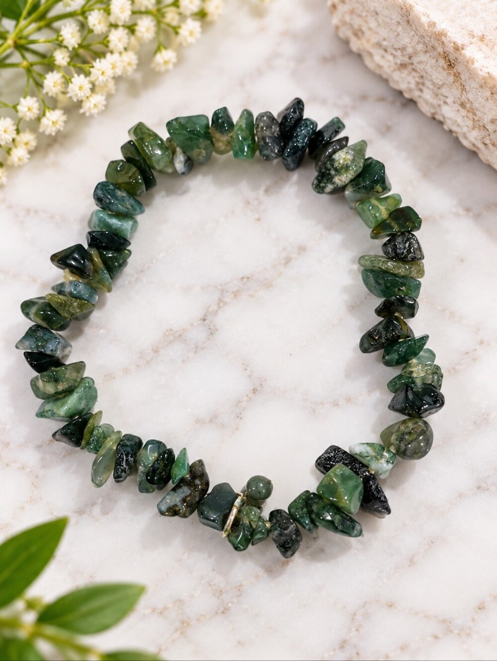 Green Natural Stone Chip Beaded Stretch Bracelet Earthy Women's Boho Jewelry
